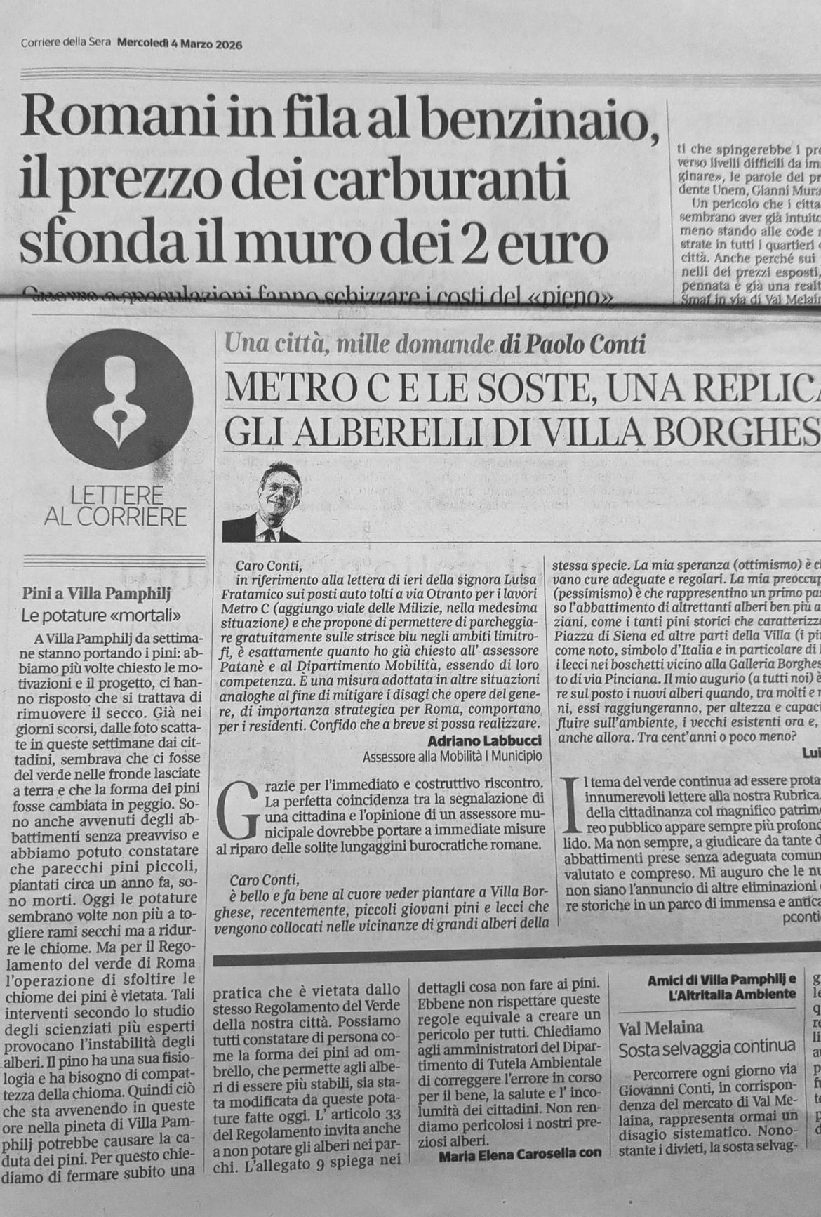 Roma – Villa Pamphili: L’Altritalia scrive ancora al Corriere per le potature selvagge