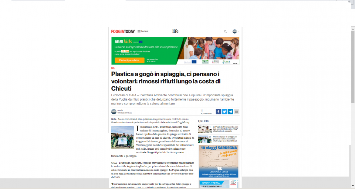 L’iniziativa della pulizia della spiagge di Chieuti (FG) ripreso da Foggia Today