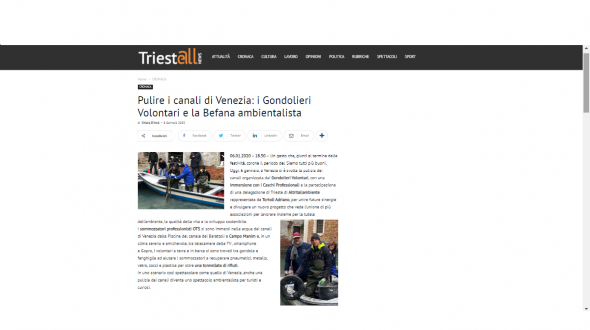 rassegna venezia 07 01 20 Venezia. L’iniziativa di pulizia dei canali vista dalla stampa triestina