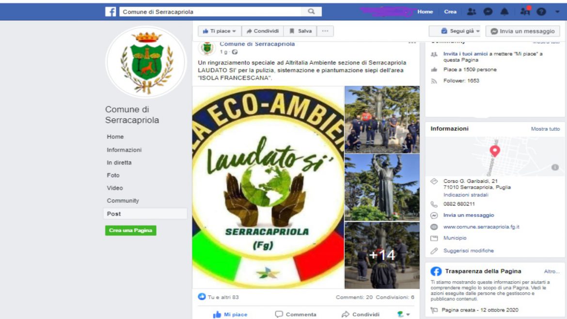 serracapriola fb comune 17 11 20 Continuano gli apprezzamenti da parte di Enti pubblici