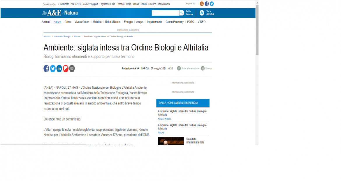 PPN odb ansa Sottoscritto un protocollo di intesa con l’Ordine dei Biologi