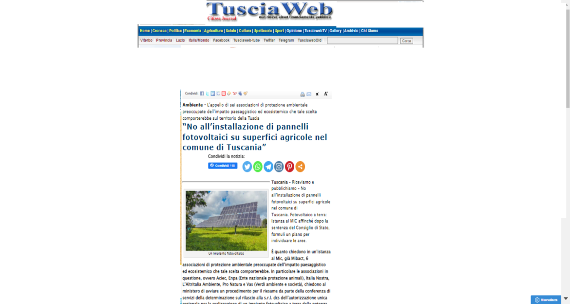 Istanza al MIC per i pannelli fotovoltaici a Pian di Vico (VT). Rassegna Stampa