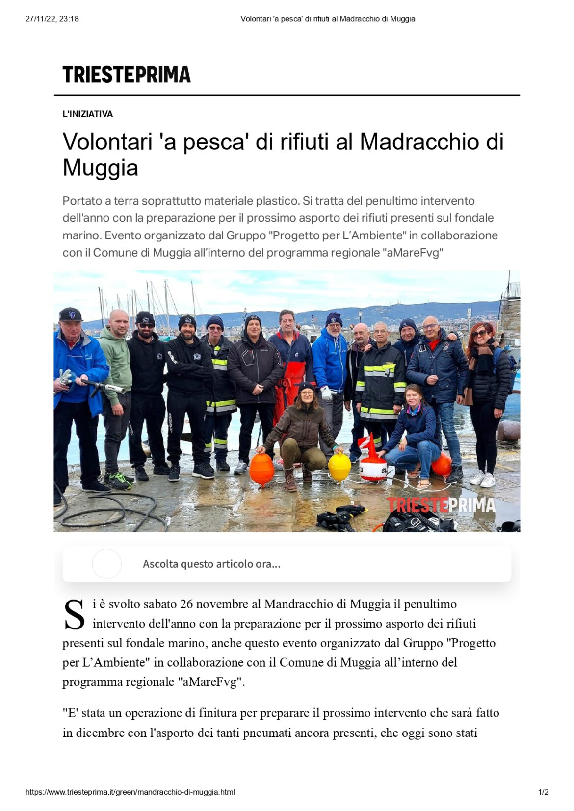 Due immersioni in meno di 7giorni per ripulire i fondali di Muggia (TS)