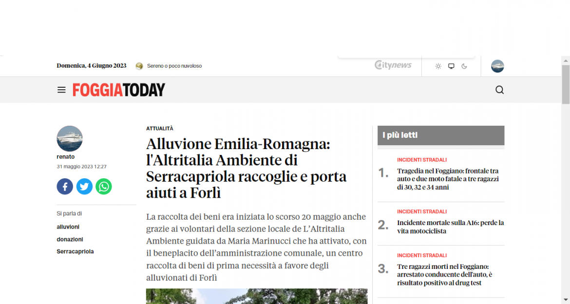 foggia today 31 05 23 Aiuti agli alluvionati: I riscontri sui media