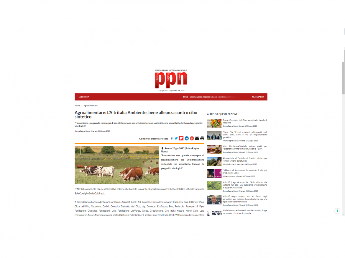 ppnnews 20 06 23 L’adesione al Manifesto contro i cibi sintetici