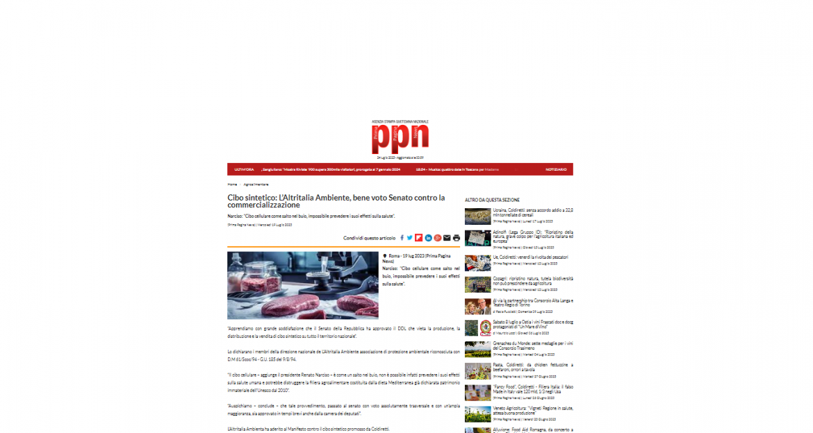PPNNEWS mercoledì 19 luglio 23 cibo sintetico comunicato Comunicato cibo sintetico: Rassegna stampa