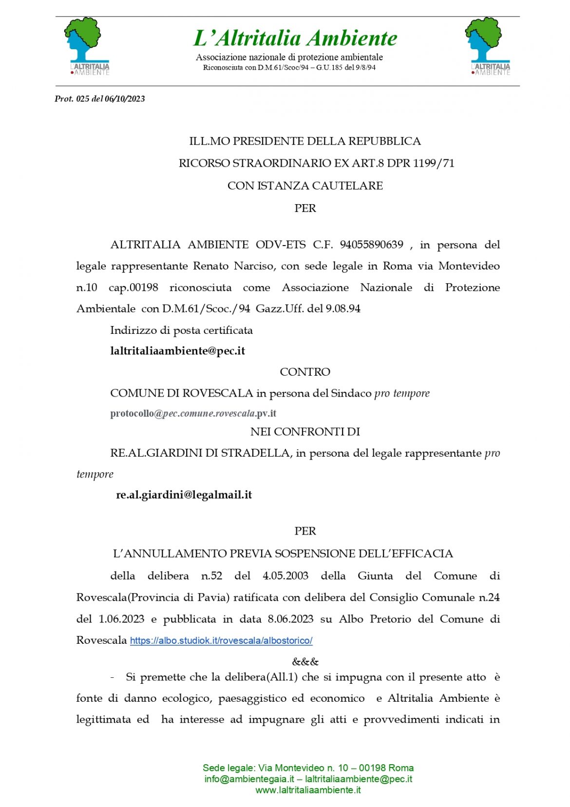 025_Ricorso Capo dello Stato Rovescala_ Verde Pubblico: L’Altritalia ricorre al Presidente della Repubblica per salvare 77 alberi in Lombardia
