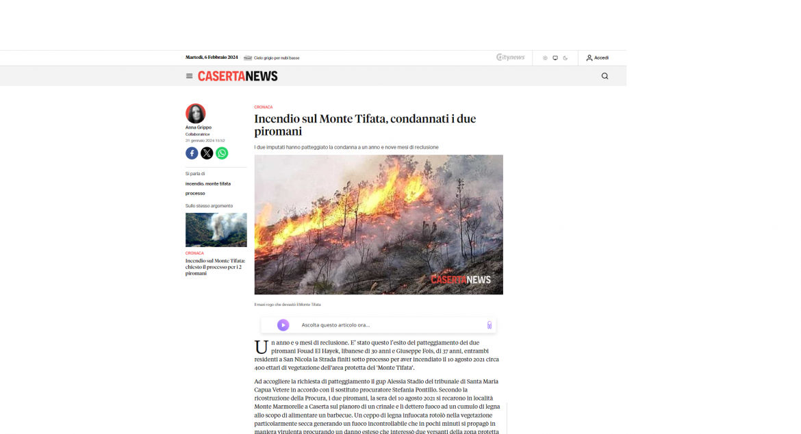 Caserta news bis piromani 31 01 24 L’Altritalia Ambiente Caserta si costituisce parte civile contro i piromani e chiede la bonifica delle falde acquifere