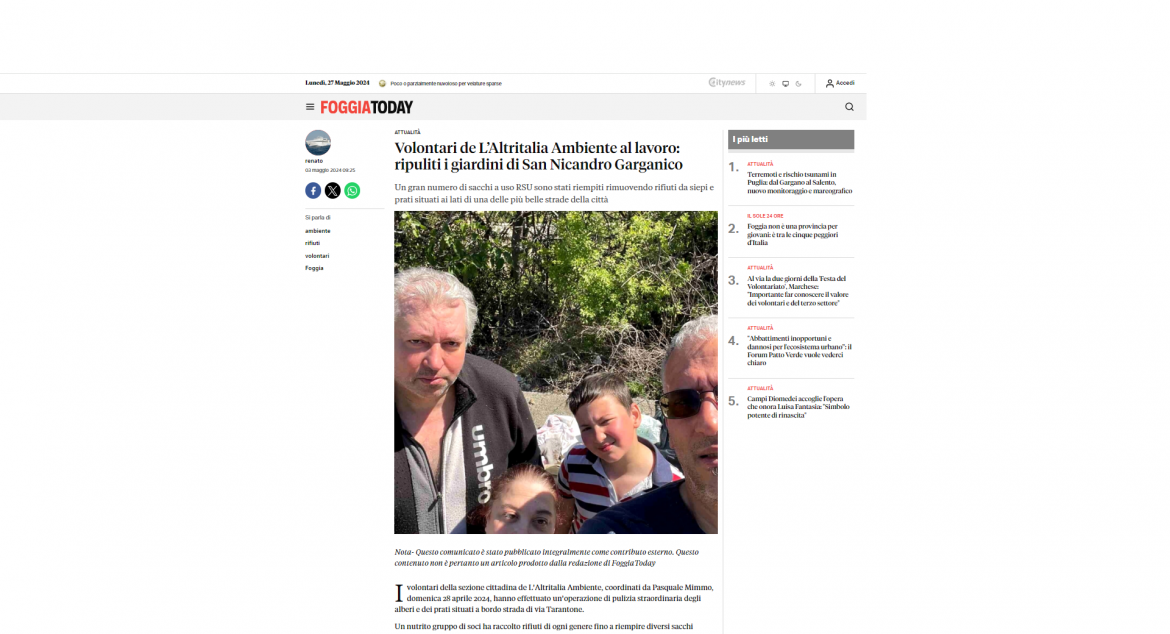FOGGIA TODAY 03 05 24 PULIZIA SAN NICANDRO San Nicandro (FG), i volontari di San Nicandro ripuliscono i giardini pubblici