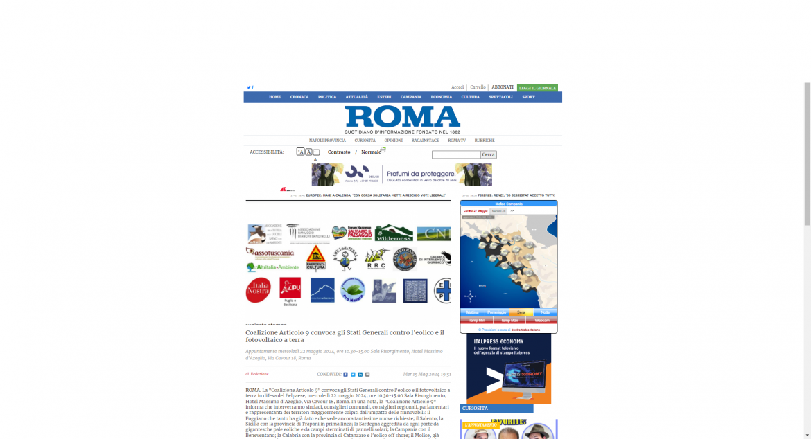 IL ROMA ANNUNCIO CONVEGNO EOLICO ART 9 15 05 24 Annunciata la convocazione degli Stati Generali contro l’Eolico e il Fotovoltaico a terra