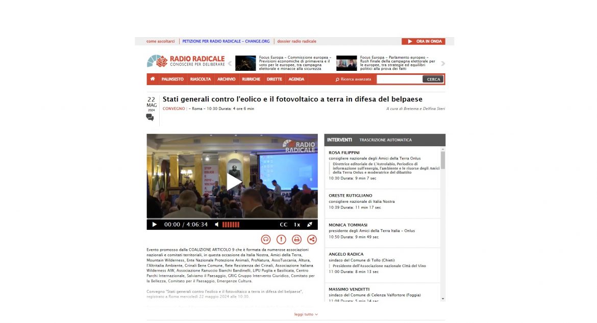RADIO RADICALE STATI GENERALI 22 05 24 Con Coalizione art.9 per gli Stati Generali contro L’Eolico e il Fotovoltaico a terra